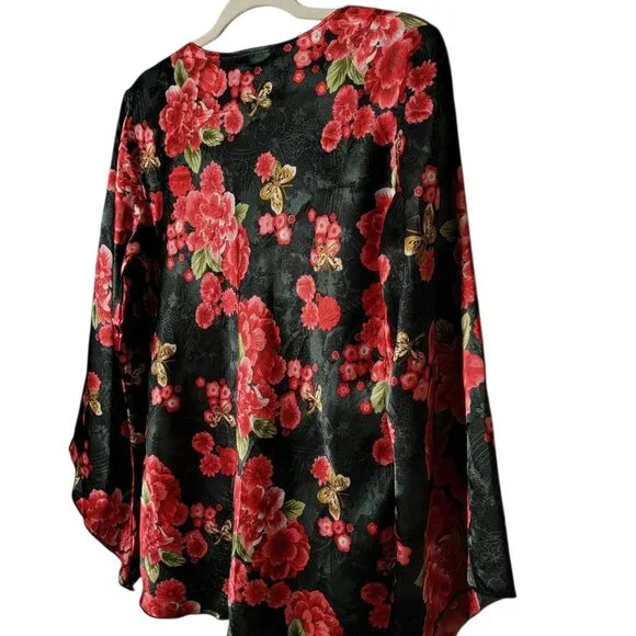 VTG Rave Womens Black Satin Floral Butterfly Kimono Bell Sleeves V-Neck Top L - Picture 6 of 8